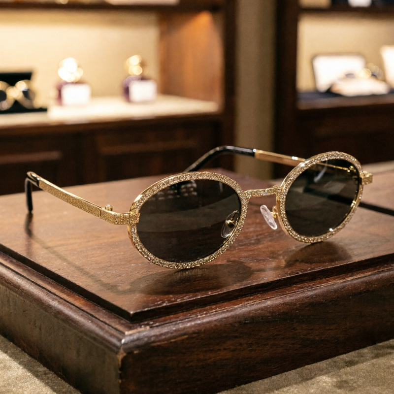 Gold Rhinestone Round Sunglasses