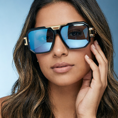 Bandimu Black Gold Blue Reflective Oversized Sunglasses