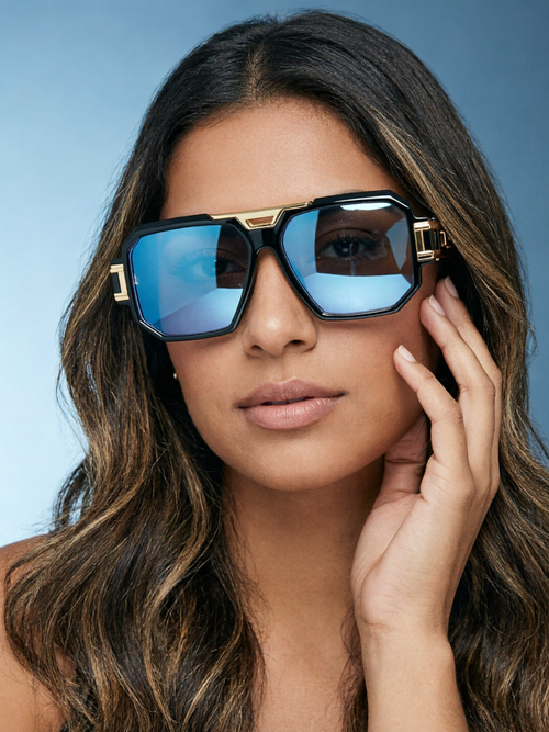 Bandimu Black Gold Blue Reflective Oversized Sunglasses