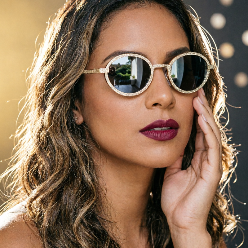 Gold Rhinestone Round Sunglasses