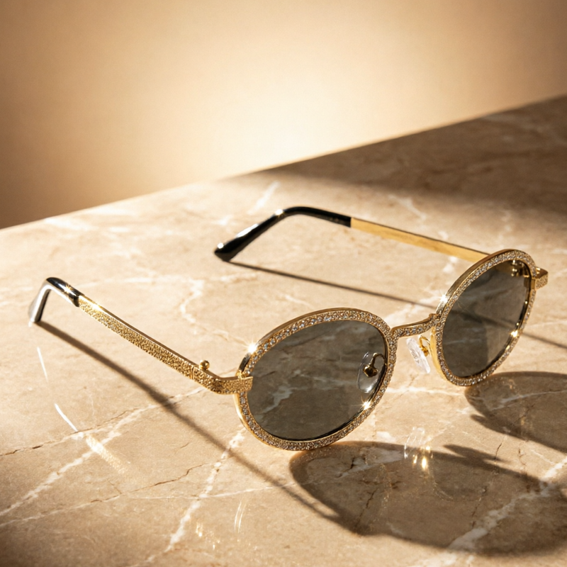 Gold Rhinestone Round Sunglasses